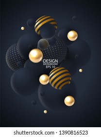 Abstract background with 3d spheres cluster. Golden and black bubbles. Vector illustration of balls textured with glittering paillettes and striped pattern. 
Vertical banner or poster design - Vector