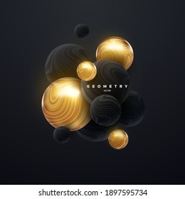 Abstract Background With 3d Spheres Cluster. Golden And Black Bubbles. Vector Illustration Of Balls Textured With Wavy Striped Pattern. Vertical Banner Or Poster Design