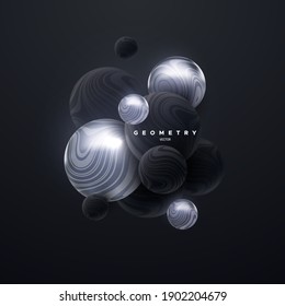 Abstract Background With 3d Spheres Cluster. Silver And Black Bubbles. Vector Illustration Of Balls Textured With Wavy Striped Pattern. Vertical Banner Or Poster Design