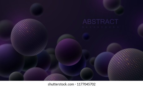 Abstract background with 3d spheres. Flowing bubbles or particles. Vector illustration of balls textured with glittering paillettes. Trendy cover concept. Horizontal banner. Decoration design element