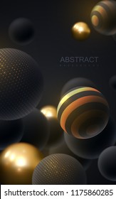 Abstract background with 3d spheres. Golden and black bubbles. Vector illustration of balls textured with glittering paillettes. Jewelry cover concept. Vertical banner. Decoration element for design