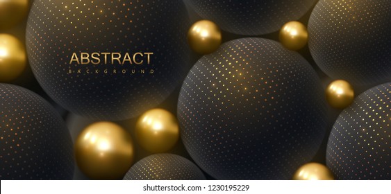 Abstract background with 3d spheres. Golden and black bubbles. Vector illustration of balls textured with glittering paillettes. Jewelry cover concept. Horizontal banner. Decoration element for design