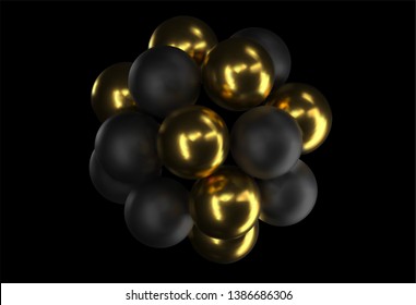 Abstract background with 3d spheres. Golden and black bubbles. Vector illustration of balls textured with glittering paillettes. Jewelry gold cover concept. Black banner. Decoration element design