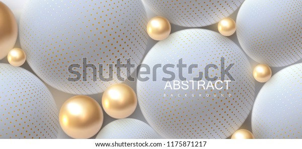 Abstract background with 3d spheres. Golden and white bubbles. Vector illustration of balls textured with halftone pattern. Jewelry cover concept. Horizontal banner. Decoration element for design