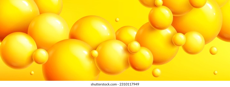 Abstract background with 3d spheres, plastic balls. Poster, banner template with pattern of flying glossy yellow bubbles. Creative wallpaper with circle objects, vector realistic illustration