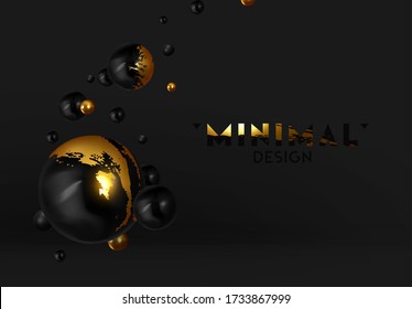Abstract background with 3d spheres. Realistic group balls of black and gold color. modern minimal design with levitation balls. Glossy bubbles. Trendy banner or poster, cover. Vector illustration