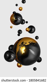 Abstract background with 3d spheres. Realistic group balls of black and gold color. modern minimal design with levitation balls. Glossy bubbles. Trendy banner or poster, cover. Vector illustration