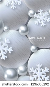 Abstract background with 3d spheres and snowflakes. Silver and white bubbles. Vector illustration of balls textured with glittering paillettes. Winter seasonal decoration. Vertical banner.