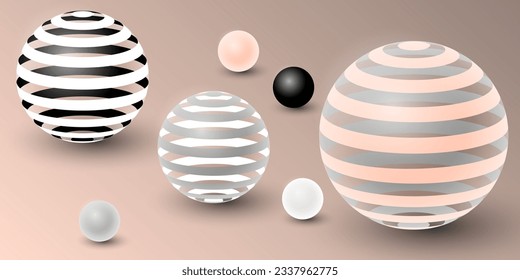 Abstract background with 3d spheres. Striped, black, pink and white bubbles. Modern cover design. An advertising banner or brochure template. Fashionable dynamic Wallpaper Horizontal