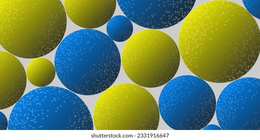 Resumen de fondo con esferas 3d. Bolas amarillas y azules. Ilustración vectorial de bolas con un patrón texturado. Plantilla de banner horizontal.