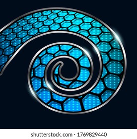 Fondo abstracto, diseño de espiral 3D con hexagones sobre puntos azules, ilustración vectorial.