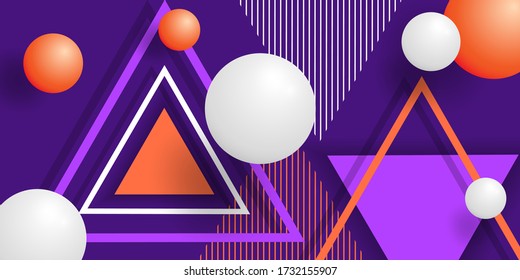 Abstract background 3D. Vector illustration geometric shapes. Balls and triangles. Dynamic sphere, triangle. Violet and orange color. Horizontal banner. Design cover, wallpaper, template, card, web.