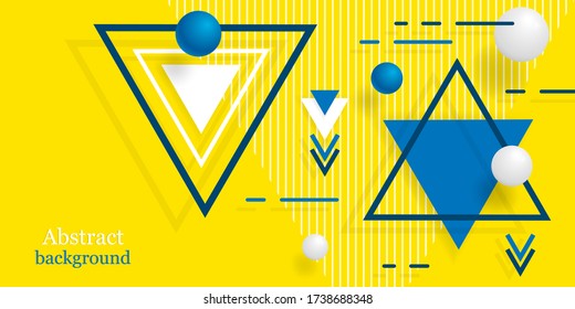 Abstract background 3D. Vector illustration with geometric shapes. Balls and triangles. Dynamic sphere, triangle. Yellow and blue color. Horizontal banner. Design cover, wallpaper, template, card, web