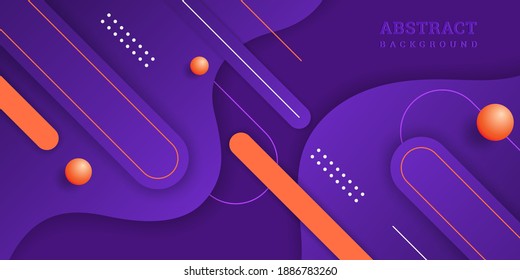 Abstract background 3D. Violet backdrop with geometric shapes. Vector illustration in paper cut style. Horizontal purple banner with stripes, balls. Colorful  design card, wallpaper, flyer, poster.