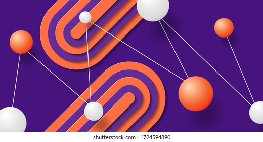 Abstract background 3D. Violet carved template in origami style. Layered paper backdrop with white and orange spheres. Vector illustration. Design card, brochure, cover, banner, wallpaper. Stock.