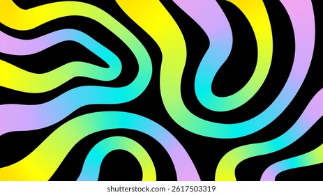 Abstract background, 3d wavy rainbow curve smooth line with neon gradient. Empty web banner with swirled colored ribbon shape with loop on black. Vector illustration EPS10 1920,1080