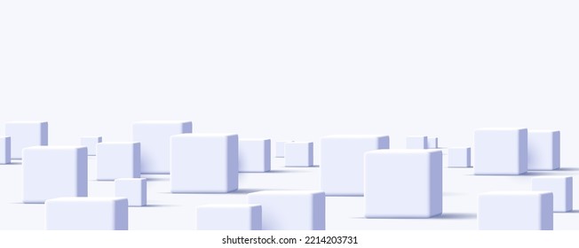 Abstract background with 3d white cubes of different size standing in white space