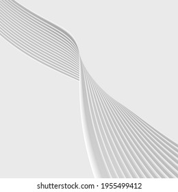 Abstract background with 3D white stripe in perspective, wave made of lined surface in white cyber space, graphic design digital render element