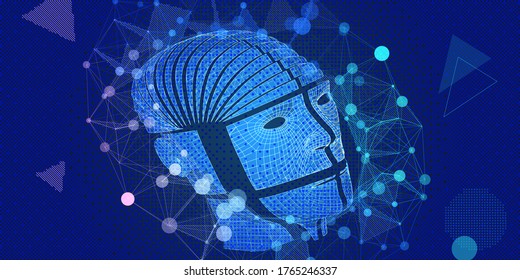 Abstract  background with 3d wireframe head.  Abstract digital grid cyborg head for technology banner. Artificial intelligence. Vector illustration.