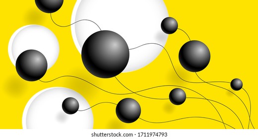 Abstract background 3D. Yellow wallpaper with realistic black spheres. Vector illustration levitating connected bubbles. Science horizontal banner. Design for brochure, cover, booklet, business, web.