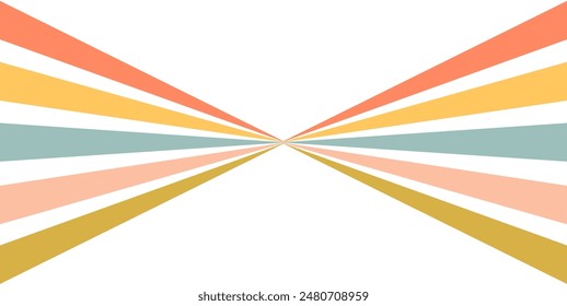 Abstract background 70s retro perspective lines background. Vintage colourful stripes banner, backdrop.