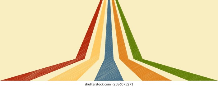 Abstract background 70s retro perspective lines background. Vintage colourful stripes banner, backdrop.