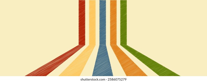 Abstract background 70s retro perspective lines background. Vintage colourful stripes banner, backdrop.