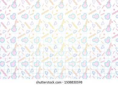 Abstract background with 80s memphis style pattern and pale psychedelic colors