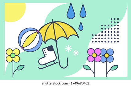 abstract background about umbrellas, balls, shoes and flowers with an attractive style suitable for posters, flyers or banners