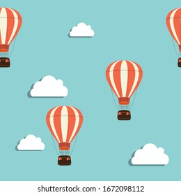 Abstract Background with Air Balloon and Clouds Seamless Pattern. Vector Illustration EPS10