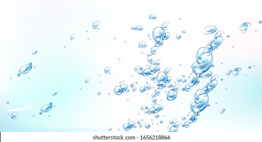 Abstract background with air bubbles on blue water surface, dynamic motion, transparent aqua, randomly moving underwater fizzing, drink or cosmetics advertising design Realistic 3d vector illustration