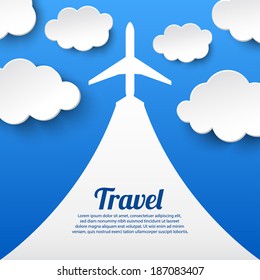 Abstract background with airplane and clouds. Vector illustration