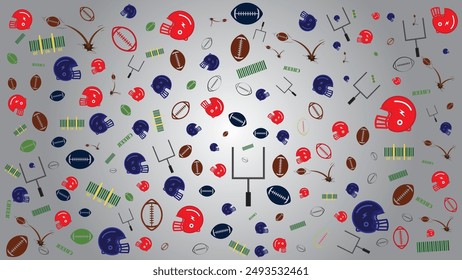 El fondo abstracto con los temas del fútbol americano contiene los iconos del casco y de la bola fijados los Elementos gráficos , convenientes para el Fondo de pantalla americano del fútbol, el deporte del símbolo, el icono del deporte, el doodle