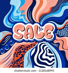 Abstract background for announcements of sales with a dynamic circular pattern in the center and an inscription. Vector illustration.