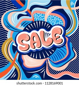 Abstract background for announcements of sales with a dynamic circular pattern in the center and an inscription.