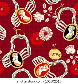 Abstract background with antique cameo, fashion seamless pattern, luxury vintage wallpaper, retro fabric, vector wrapping with graphic beautiful flower, pearls, perfume and jewelry for design