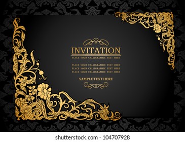 Abstract background with antique, luxury black and gold vintage frame, victorian banner, damask floral wallpaper ornaments, invitation card, baroque style booklet, fashion pattern, template for design