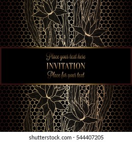 Abstract background with antique, luxury black and gold vintage frame, victorian banner, lilies on lace wallpaper ornaments, invitation card, baroque style booklet, fashion pattern