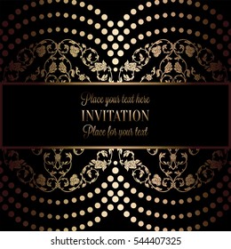 Abstract background with antique, luxury black and gold vintage frame, victorian banner, damask floral wallpaper ornaments, invitation card, baroque style booklet, fashion pattern, template for design