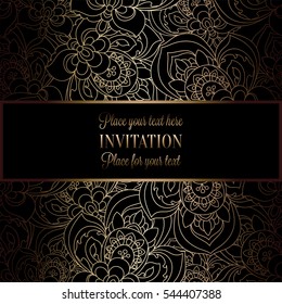 Abstract background with antique, luxury black and gold vintage frame, victorian banner, roses floral wallpaper ornaments, invitation card, baroque style booklet, fashion pattern, template for design.