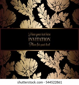 Abstract background with antique, luxury black and gold vintage frame, victorian banner, damask floral wallpaper ornaments, invitation card, baroque style booklet, fashion pattern, template for design