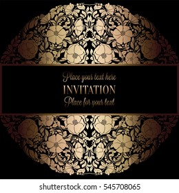 Abstract background with antique, luxury black and gold vintage frame, victorian banner, damask floral wallpaper ornaments, invitation card, baroque style booklet, fashion pattern, template for design