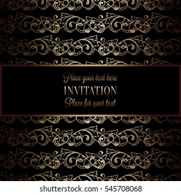 Abstract background with antique, luxury black and gold vintage frame, victorian banner, damask floral wallpaper ornaments, invitation card, baroque style booklet, fashion pattern, template for design