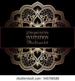Abstract background with antique, luxury black and gold vintage frame, victorian banner, damask floral wallpaper ornaments, invitation card, baroque style booklet, fashion pattern, template for design