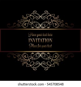 Abstract background with antique, luxury black and gold vintage frame, victorian banner, damask floral wallpaper ornaments, invitation card, baroque style booklet, fashion pattern, template for design