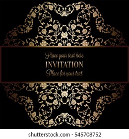 Abstract background with antique, luxury black and gold vintage frame, victorian banner, damask floral wallpaper ornaments, invitation card, baroque style booklet, fashion pattern, template for design
