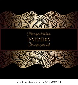 Abstract background with antique, luxury black and gold vintage frame, victorian banner, damask floral wallpaper ornaments, invitation card, baroque style booklet, fashion pattern, template for design