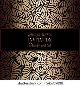 Abstract background with antique, luxury black and gold vintage frame, victorian banner, damask floral wallpaper ornaments, invitation card, baroque style booklet, fashion pattern, template for design