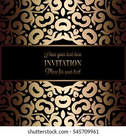 Abstract background with antique, luxury black and gold vintage frame, victorian banner, damask floral wallpaper ornaments, invitation card, baroque style booklet, fashion pattern, template for design