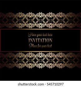 Abstract background with antique, luxury black and gold vintage frame, victorian banner, damask floral wallpaper ornaments, invitation card, baroque style booklet, fashion pattern, template for design